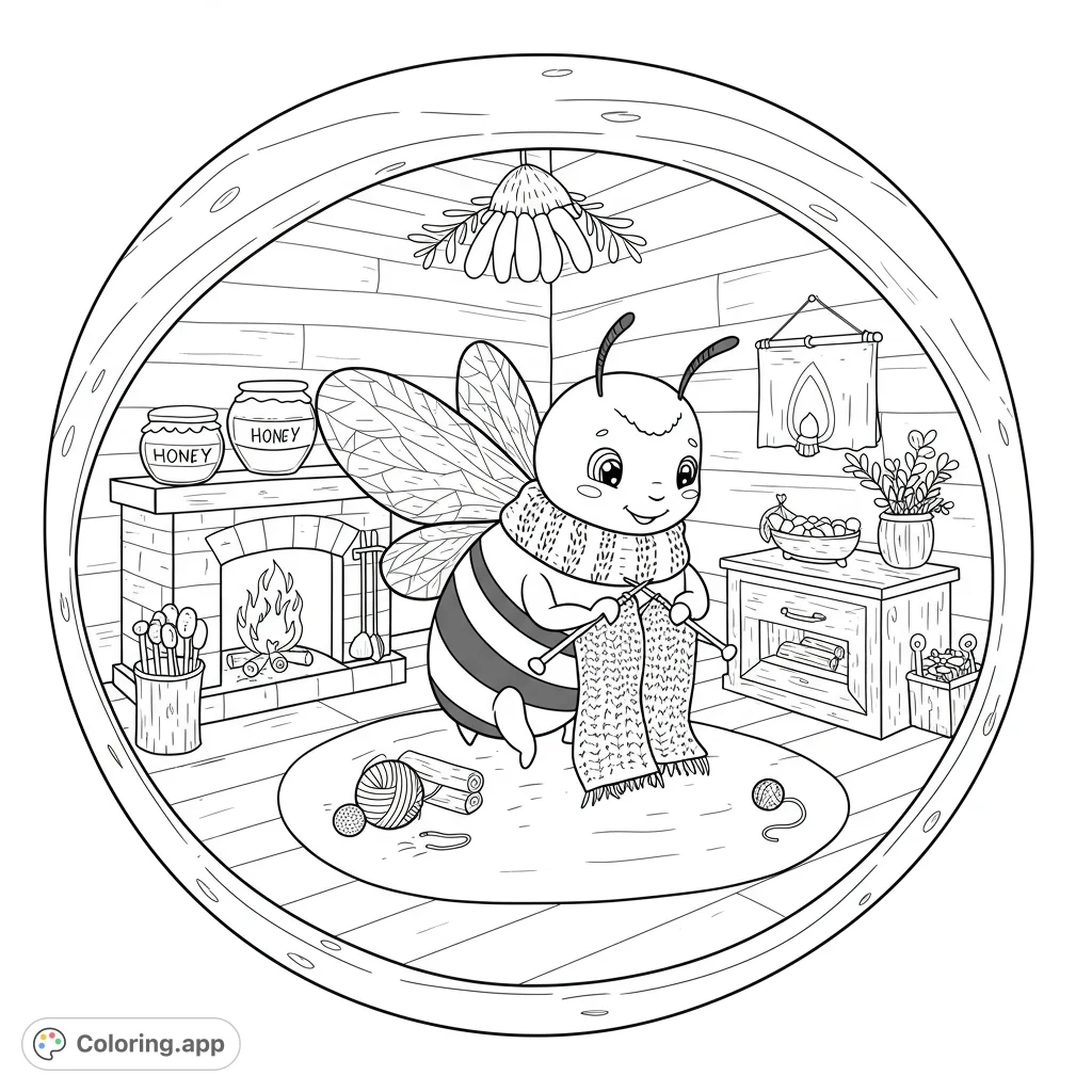 A charming bee knits by a cozy fireplace in a warm, inviting room, surrounded by honey jars and yarn. A delightful free printable bee coloring page.