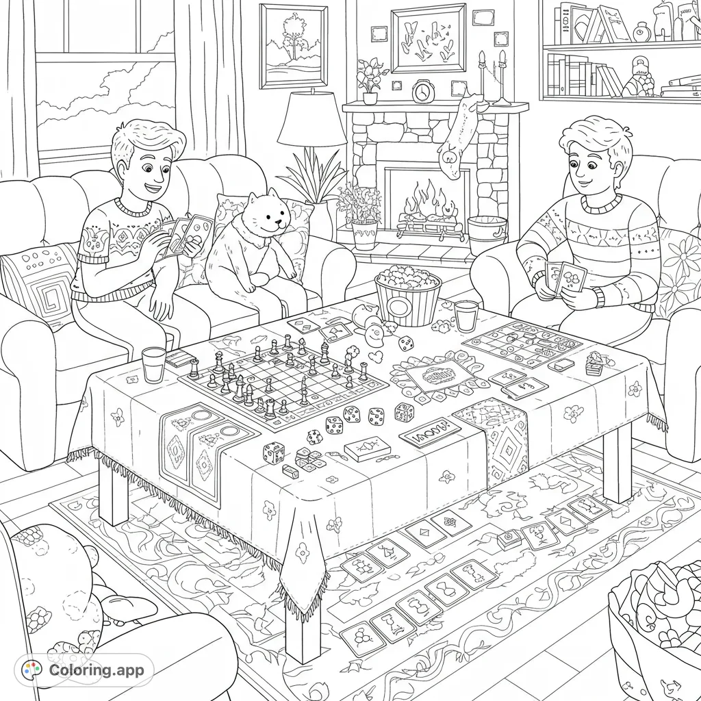 A delightful board game night scene featuring two friends, a cat, and a table full of games. Perfect for a relaxing coloring experience.