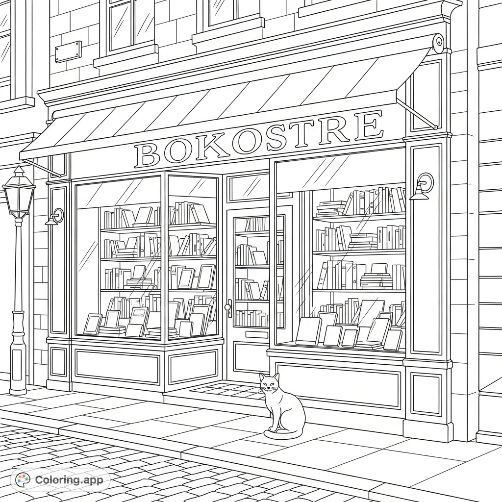 A charming bookstore storefront with shelves overflowing with books. A peaceful street cat sits by the door, framed by traditional architecture and a cozy street scene.