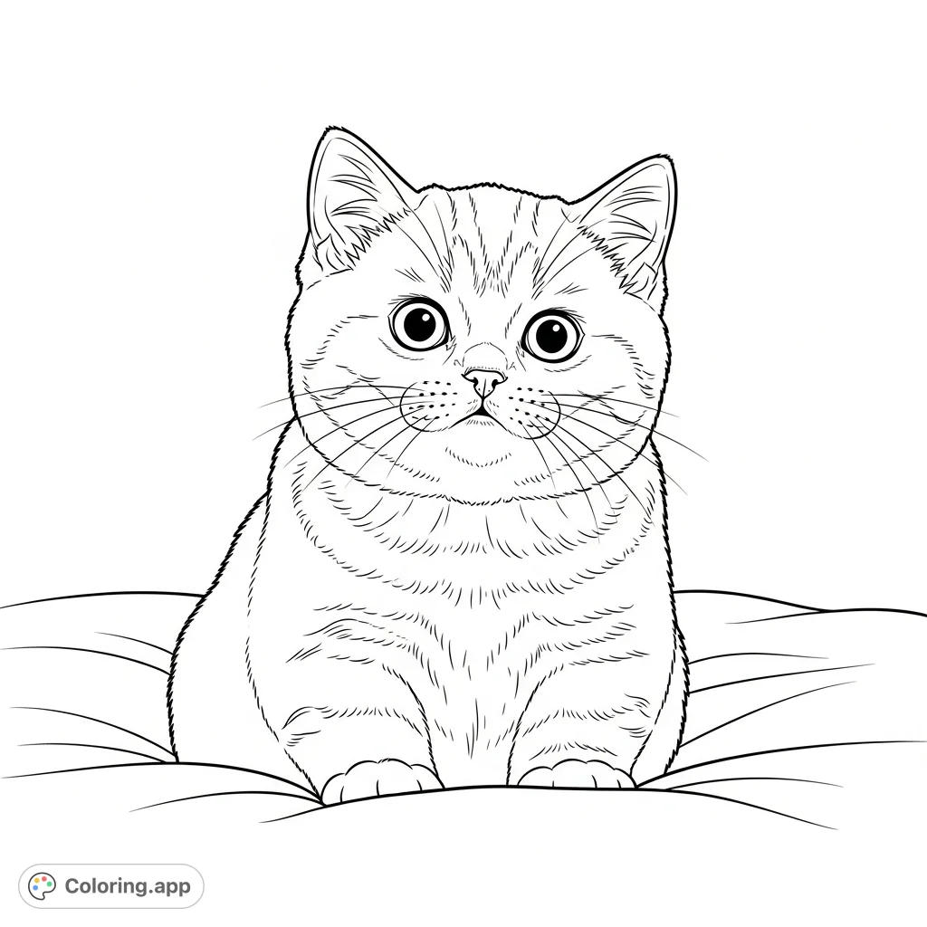 A charming British Shorthair kitten with oversized, inquisitive eyes rests on a soft, gently folded blanket. Perfect for pet lovers.