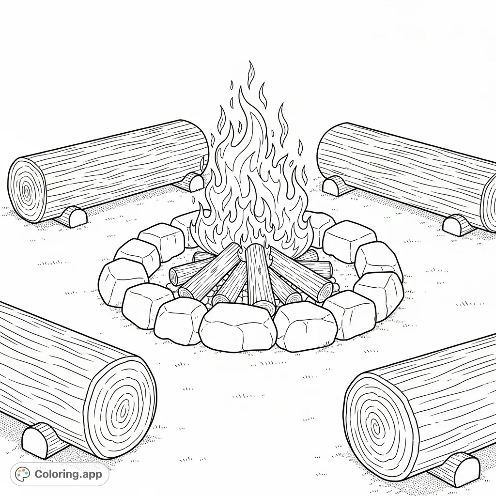 Gather around a cozy campfire with log seating, perfect for a relaxing coloring experience. This inviting scene features flickering flames and a rustic stone ring.