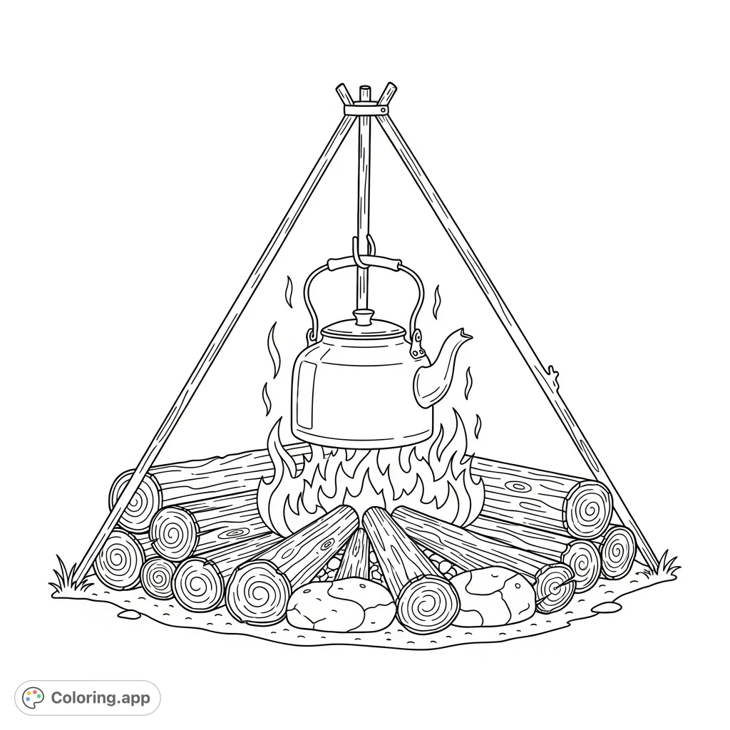 A comforting campfire scene with neatly stacked logs, simplified flames, and a classic kettle suspended above. Perfect for a relaxing coloring experience.