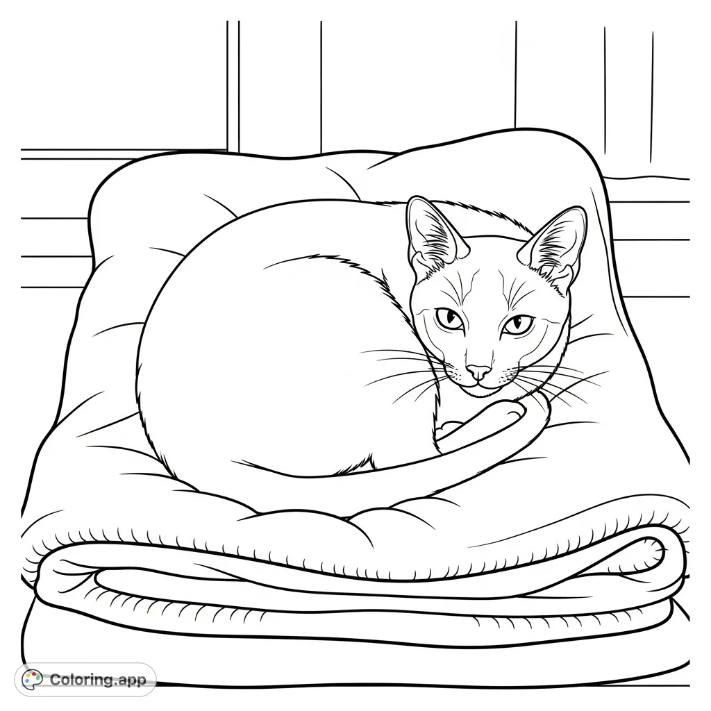 A serene Siamese cat curled in a perfect circle on a soft blanket, featuring delicate line-work for fur textures and subtle background elements.