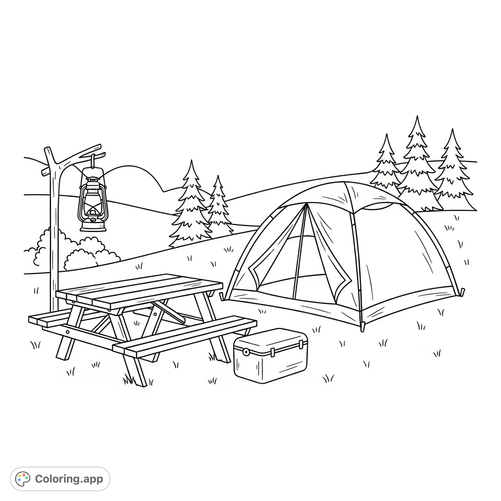 Explore the great outdoors with this inviting campsite coloring page, featuring a tent, picnic table, lantern, and cooler in a peaceful natural setting.