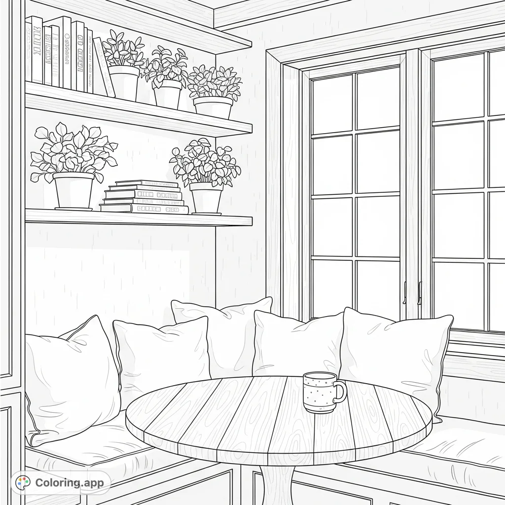 A charming farmhouse kitchen corner with a built-in banquette, wooden table, and shelves filled with cookbooks and herbs, perfect for a relaxing coloring experience.