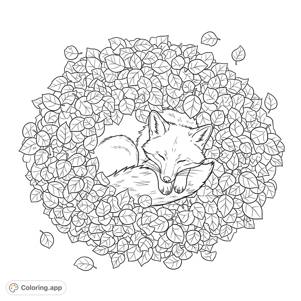 A serene fox rests peacefully, nestled within a lush, textured pile of autumn leaves, offering a comforting and detailed nature scene for coloring.