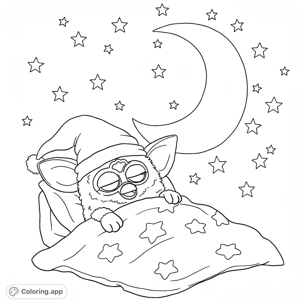 A cute Furby-like creature sleeps soundly under a starry blanket, with a crescent moon and stars in the background. A peaceful, free printable coloring page.