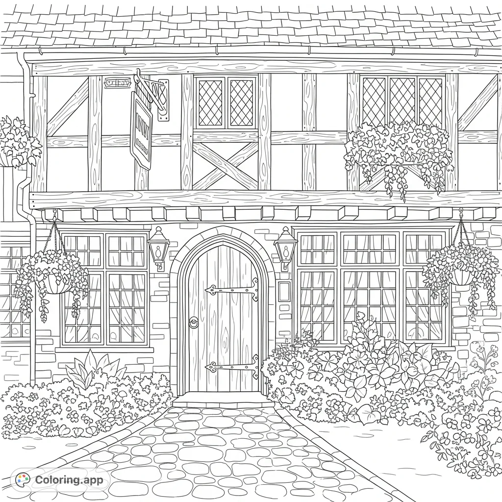 A charming traditional half-timbered inn, adorned with hanging lanterns and abundant flower baskets, creates a welcoming and cozy scene, inviting detailed coloring.