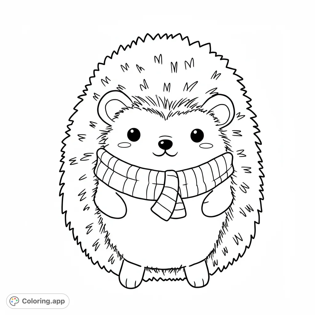 A charming hedgehog coloring page, featuring a cute, spiky hedgehog wearing a cozy striped scarf, perfect for a free printable coloring page.