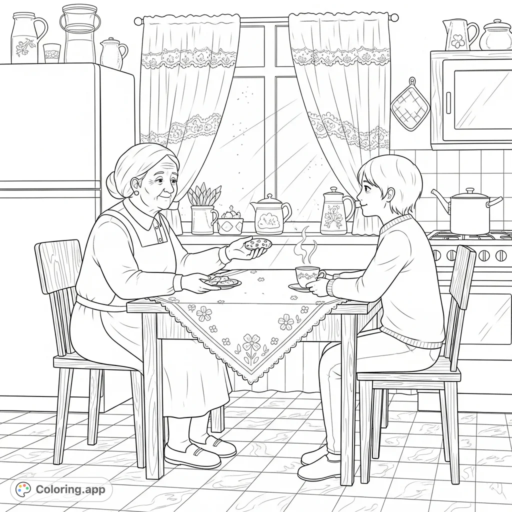 Capture a heartwarming intergenerational moment in a detailed cozy kitchen, featuring an elderly woman offering a cookie to a younger person by a sunlit window.