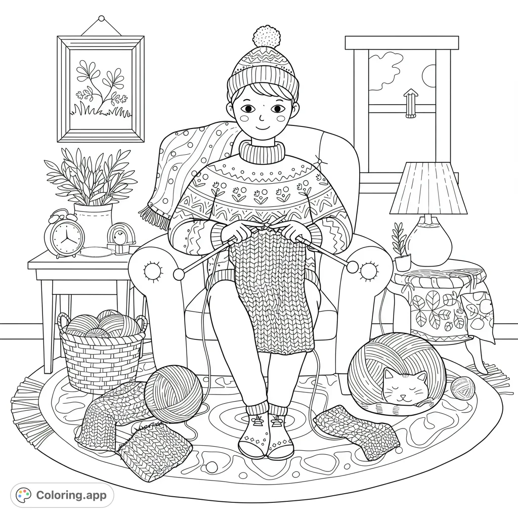 A cozy winter knitting scene featuring a person in an armchair, surrounded by yarn, a sleeping cat, and warm home decor. Perfect for relaxation.