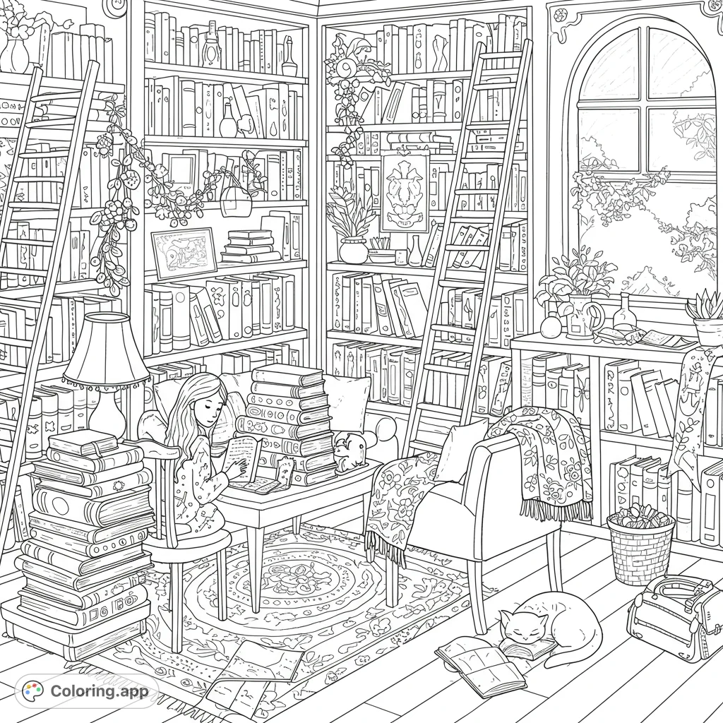 Immerse yourself in a cozy library scene, featuring towering bookshelves, a serene reader, and a sleeping cat. A perfect free printable coloring page for book lovers.