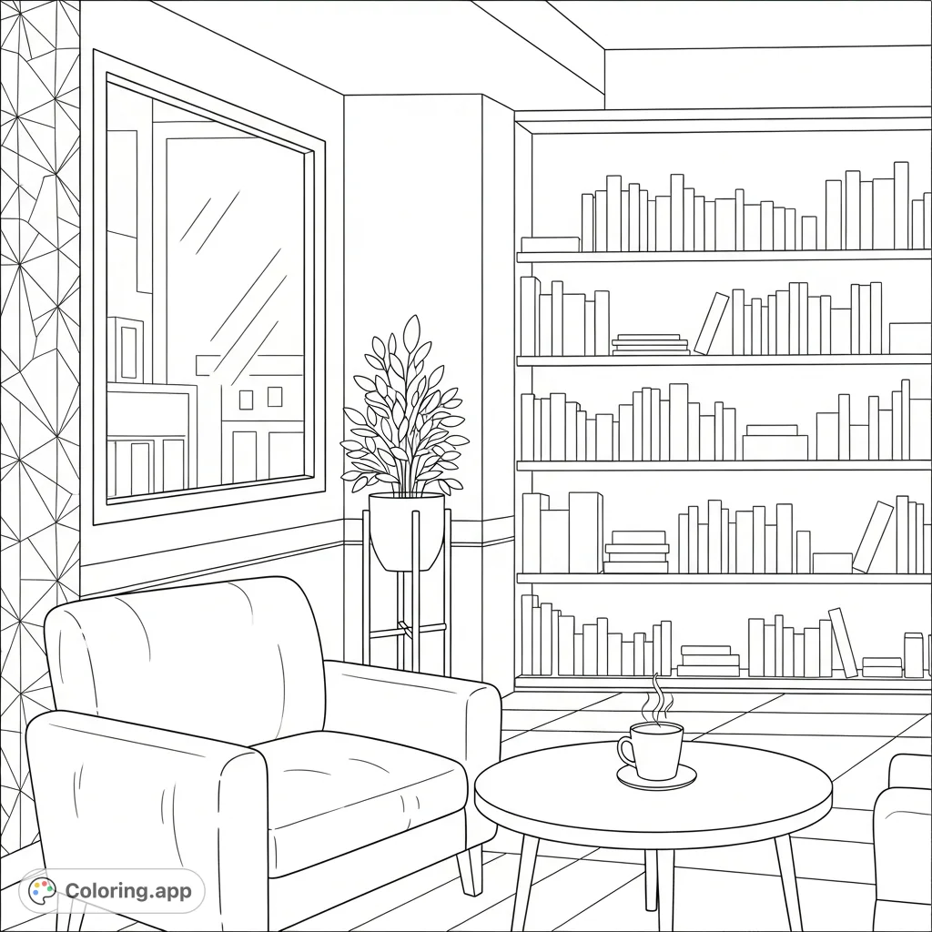 Step into a cozy manga café, featuring simplified shelves, a comfy armchair, a steaming mug, and a window view, perfect for relaxed coloring.