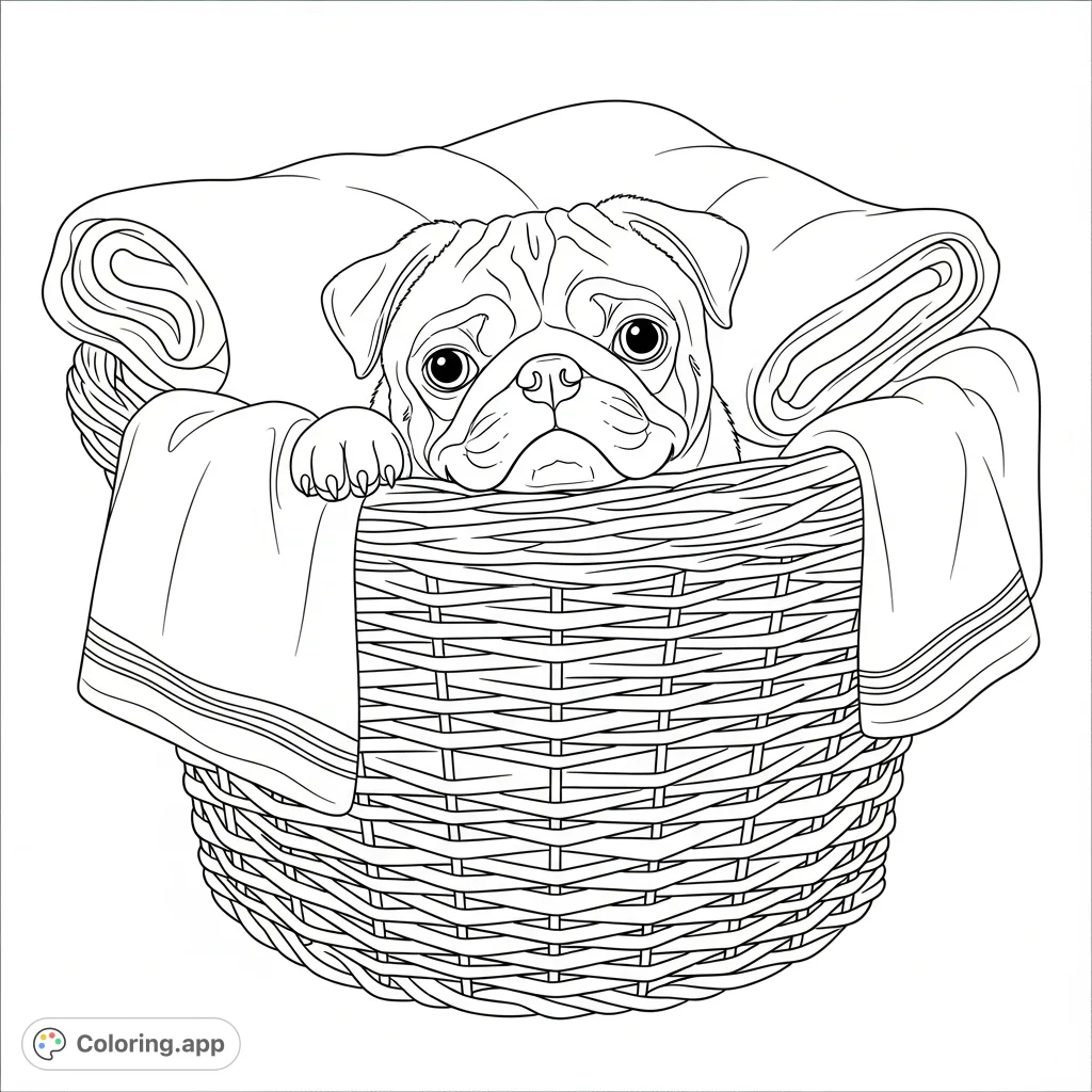 A delightful coloring page featuring a cheerful pug nestled cozily within a woven laundry basket, surrounded by soft, plush towels.