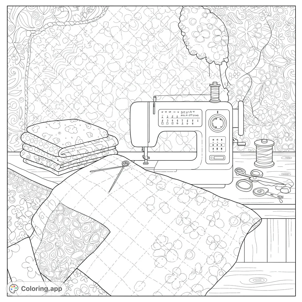 Immerse yourself in a detailed quilting scene with a sewing machine, fabric, and tools, a perfect free printable coloring page for crafters.