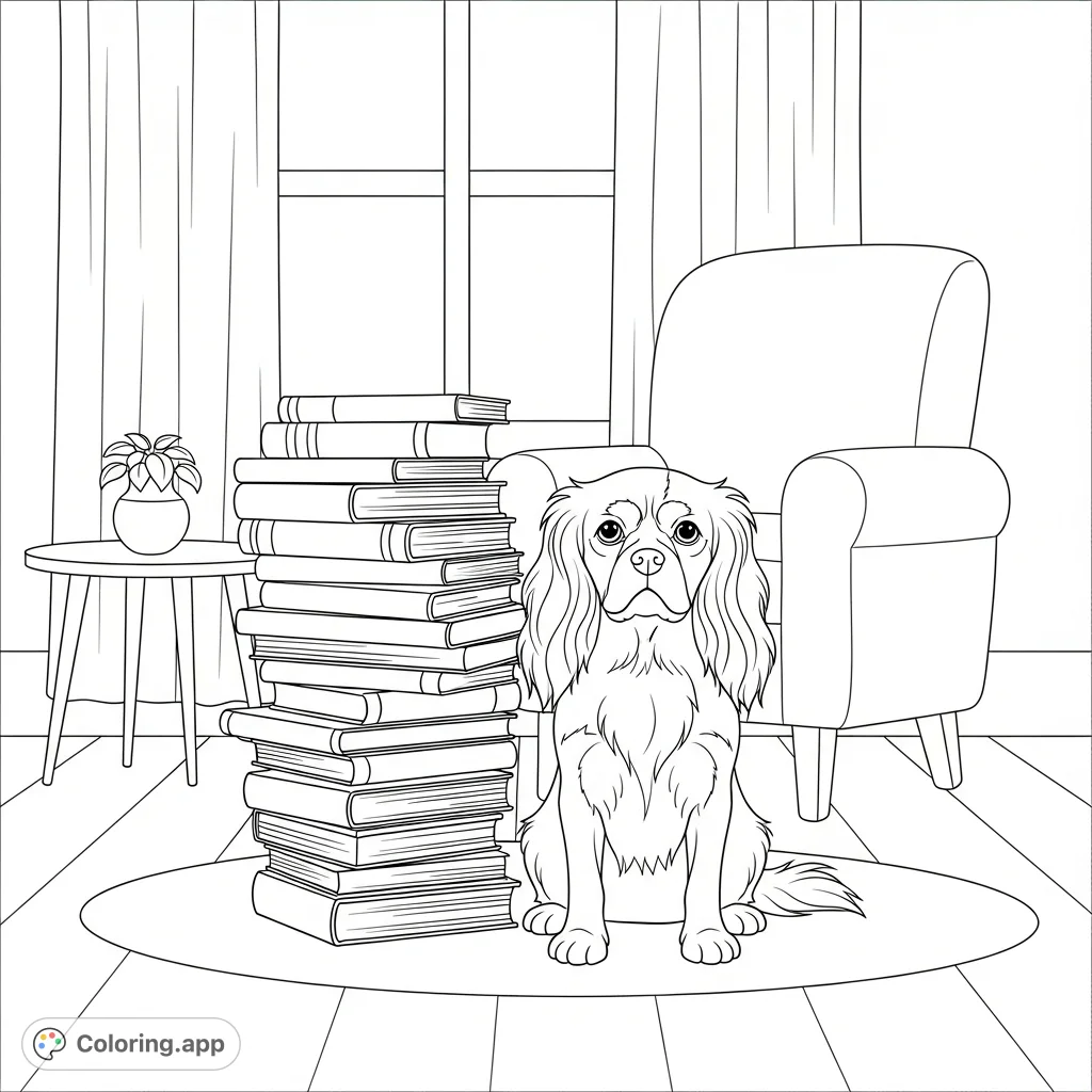 A charming Cavalier King Charles Spaniel relaxes by a stack of books in a simplified, cozy room. Perfect for dog lovers and relaxation.
