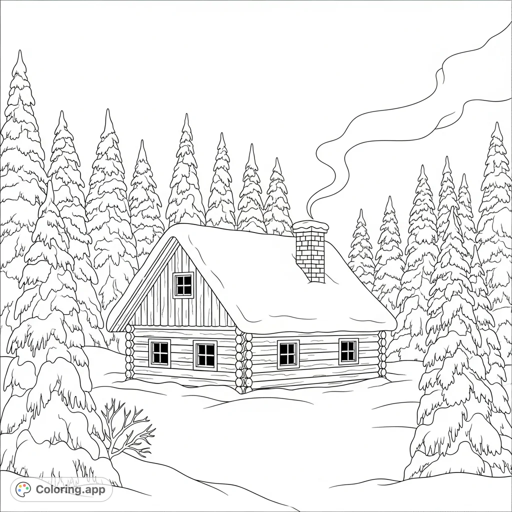 A rustic cabin nestled in a serene, snow-covered winter forest, with gentle smoke rising from its chimney. A peaceful scene awaiting your creative touch.