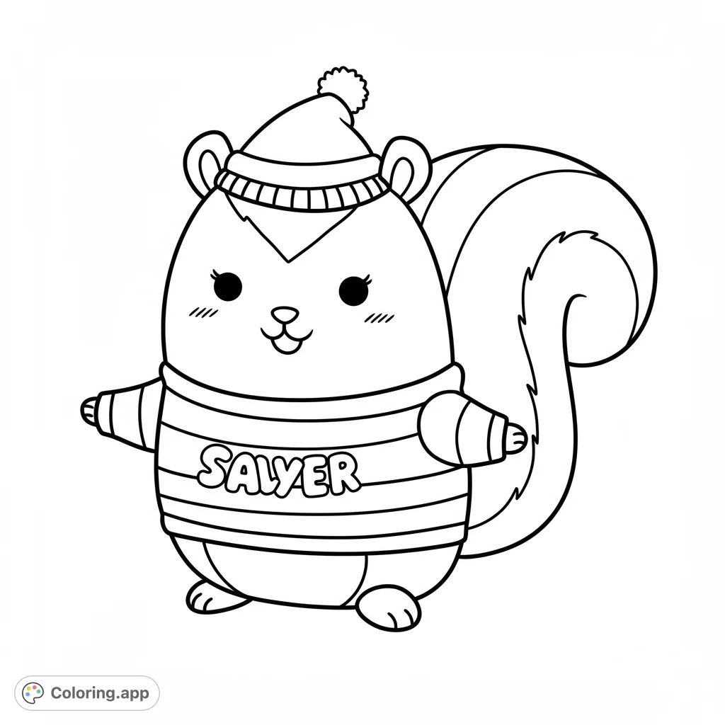 An adorable chubby squirrel in a cozy striped sweater and pom-pom beanie, ready for winter fun. A charming free printable coloring page.