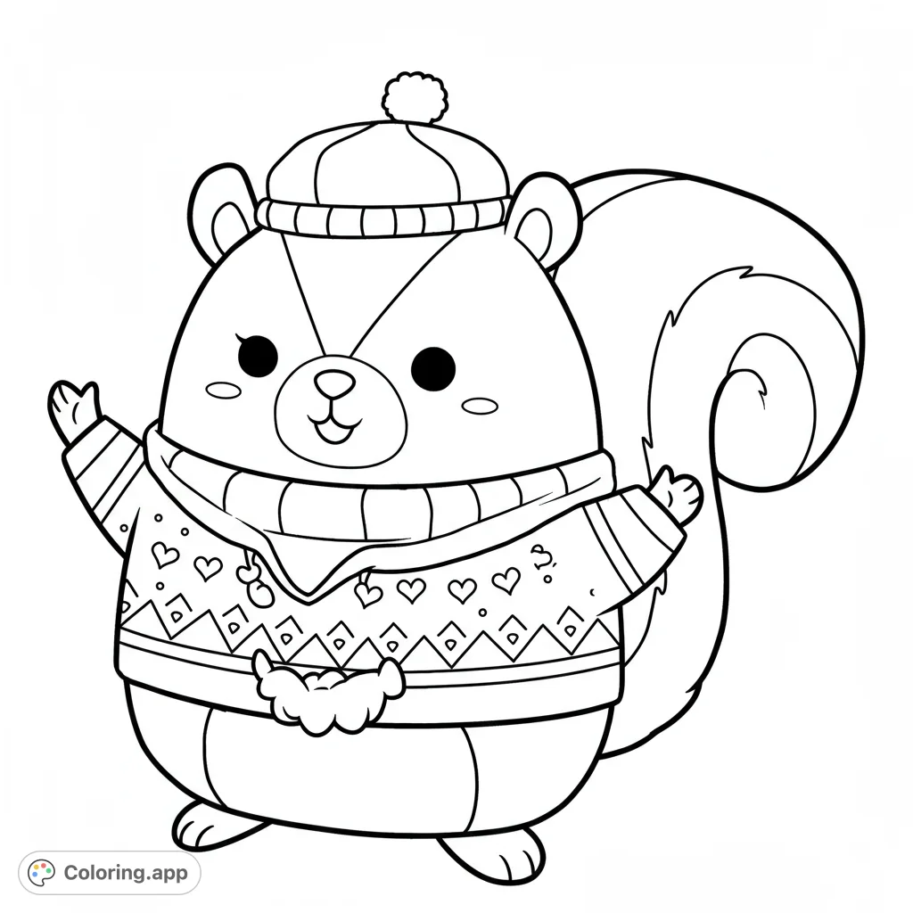 Adorable chubby squirrel in a cozy winter sweater and hat, perfect for a charming free printable coloring page for kids and adults.