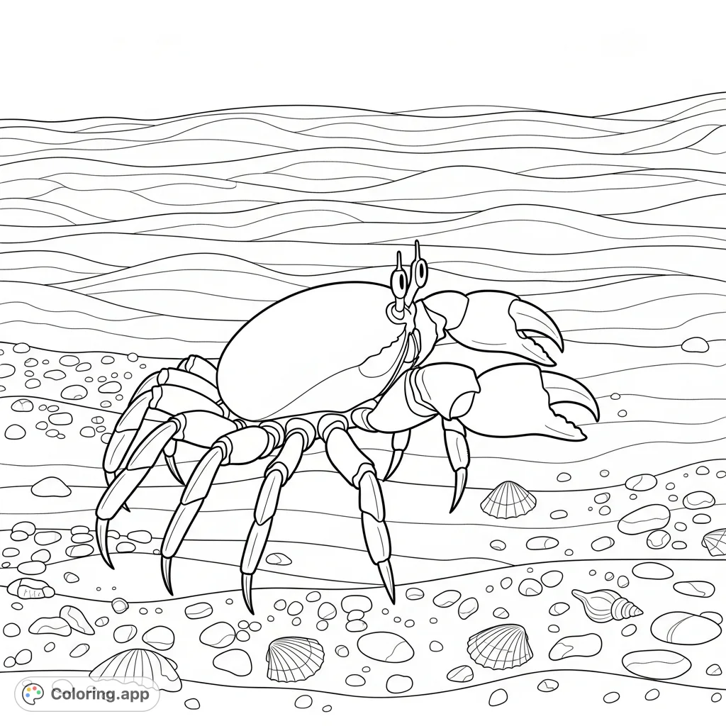 A detailed scene featuring a crab scuttling across a textured sandy beach, surrounded by scattered pebbles and miniature seashells, perfect for marine life enthusiasts.