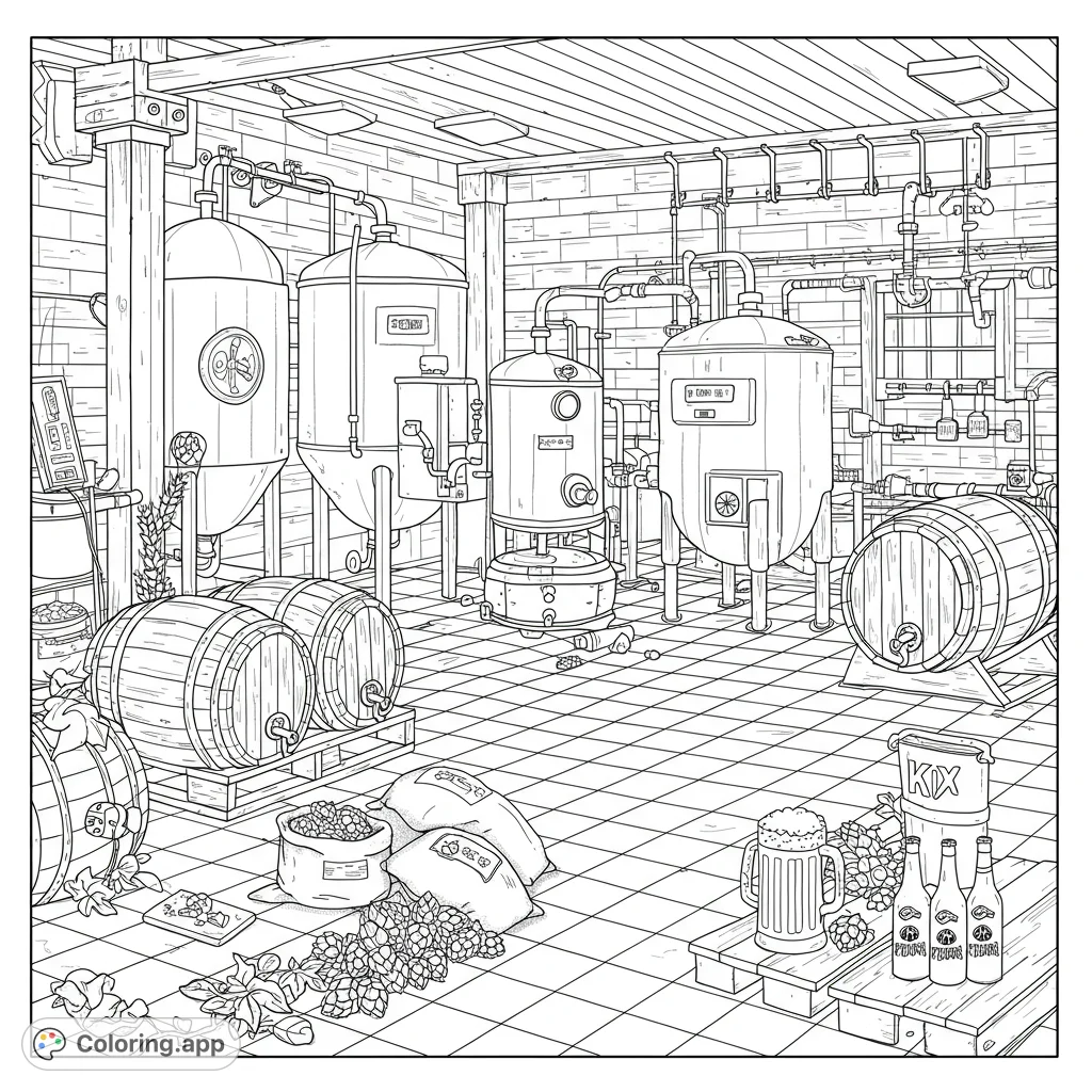 Explore a detailed craft brewery interior with tanks, barrels, and ingredients. A free printable brewery coloring page for adults and teens.