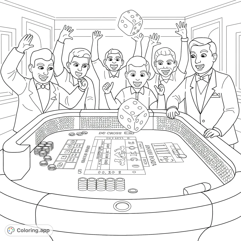 Celebrate big wins at the craps table! A lively casino scene with cheering players and flying dice.