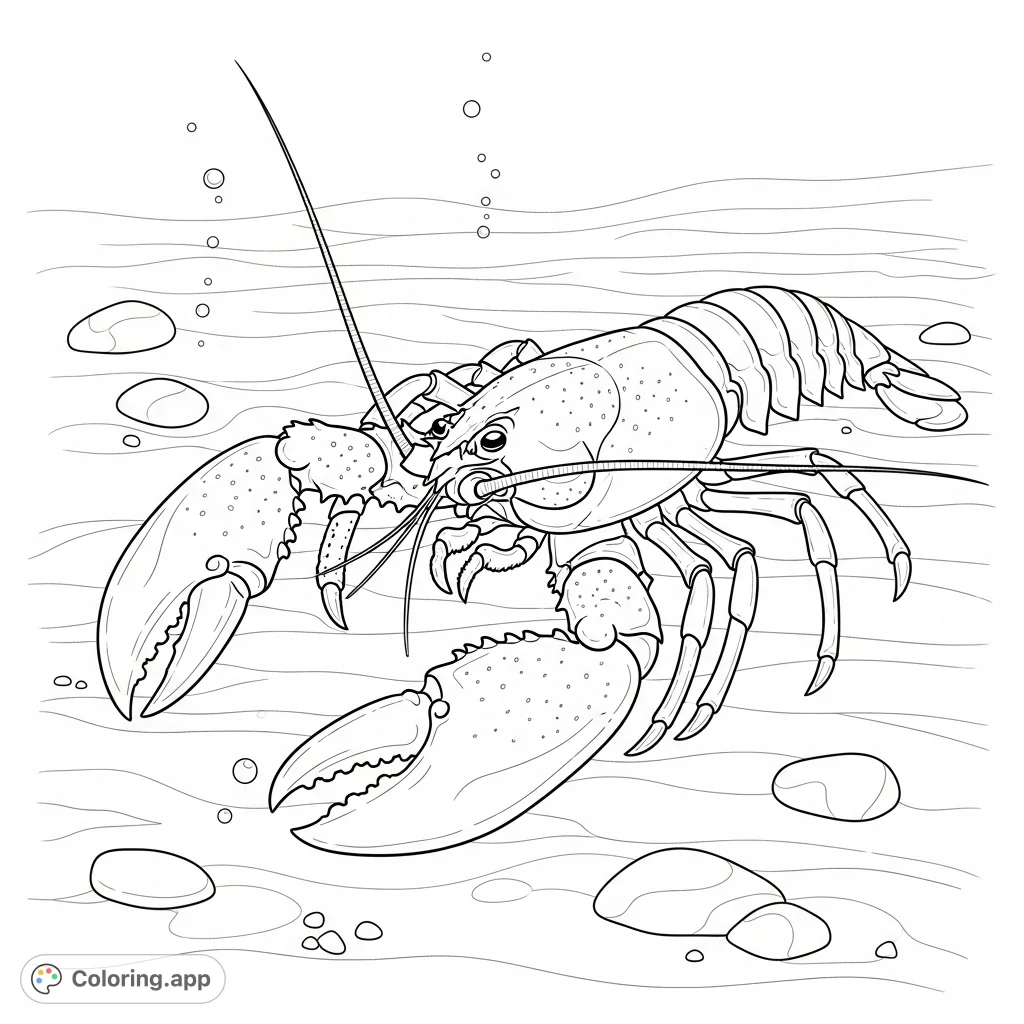 An engaging coloring page featuring a detailed lobster with open claws, actively crawling across a textured seabed with scattered rocks and air bubbles.