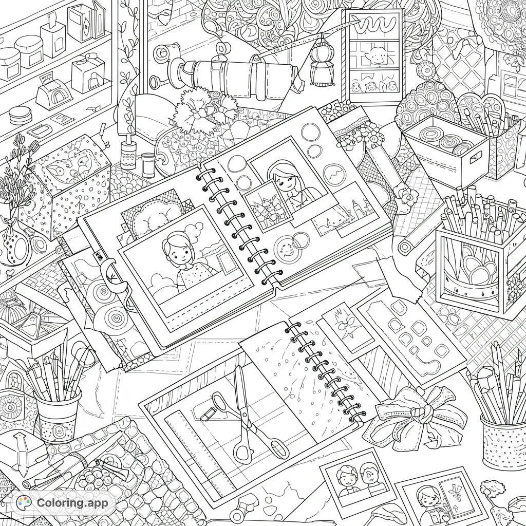Explore a detailed scrapbooking desk scene, filled with open journals, photos, and crafting supplies. A perfect free printable coloring page for creative minds.