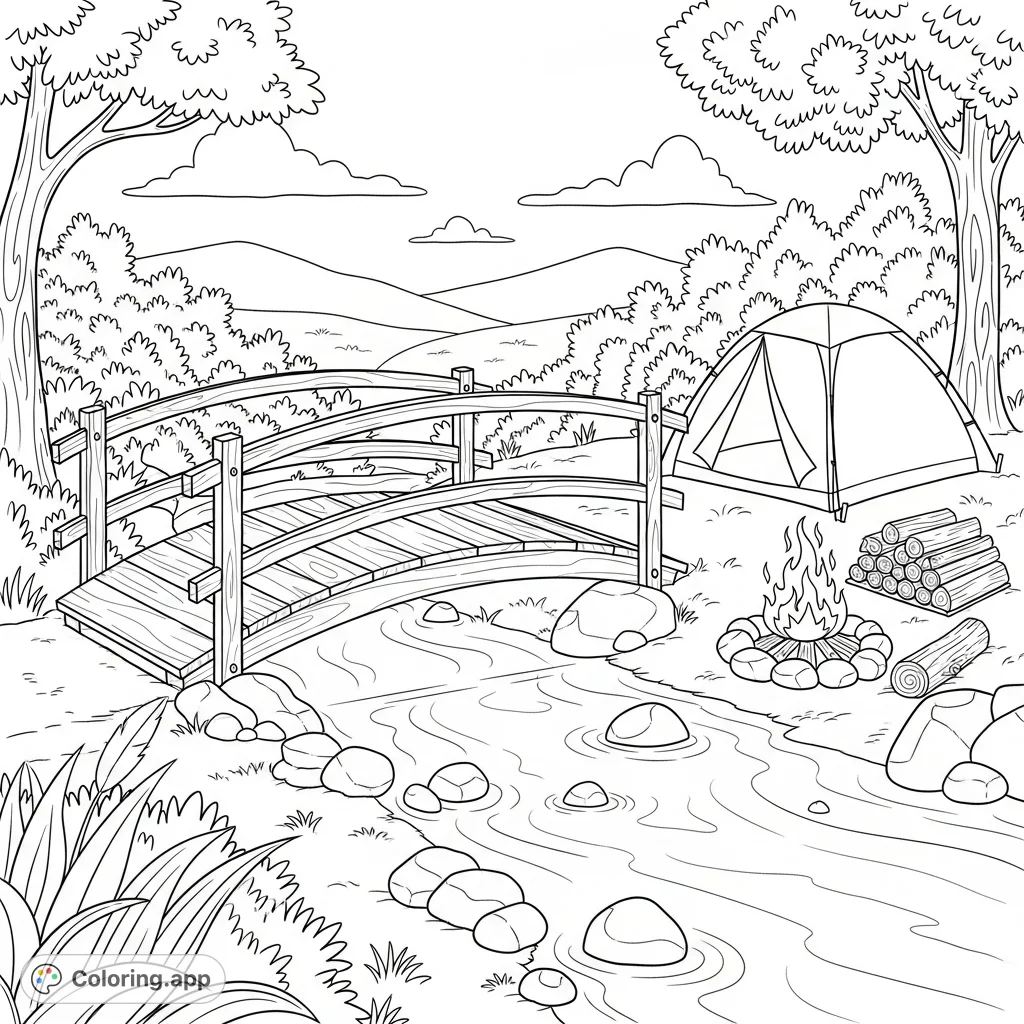 A tranquil nature scene featuring a rustic wooden bridge over a winding creek, with a cozy campsite nestled nearby. Perfect for unwinding with natural elements.