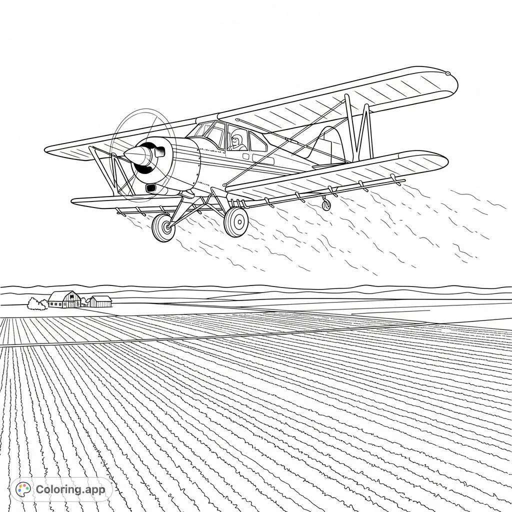 An aerial view of a classic crop duster biplane mid-flight, spraying fields below. Features detailed aircraft and vast agricultural landscape with a distant farmhouse.