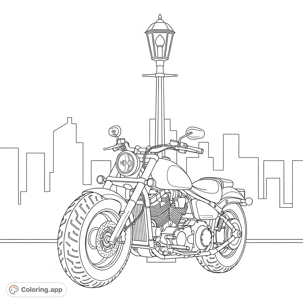 Detailed fat-tire cruiser motorcycle parked under a classic streetlight, with a subtle city skyline in the background, offering an urban and stylish coloring experience.