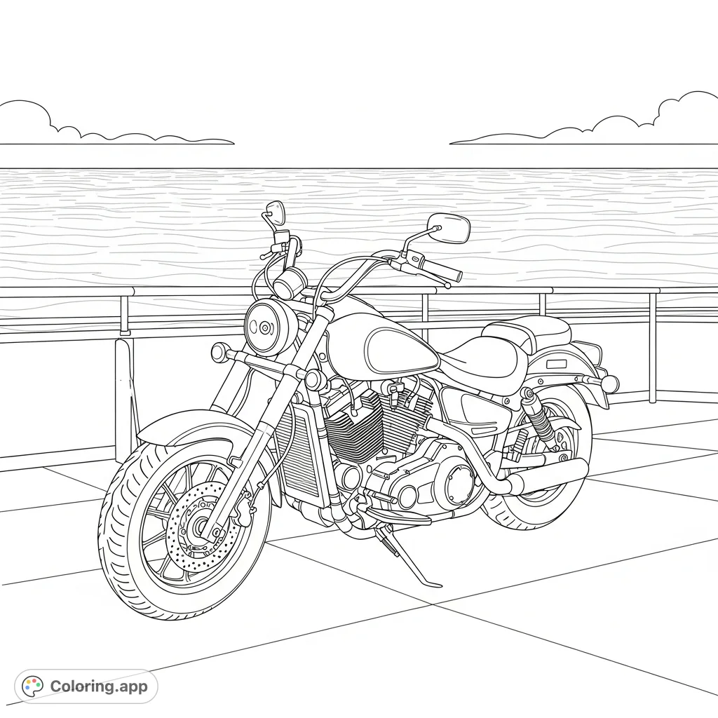 Color a classic cruiser motorcycle parked on a ferry deck, with soft, curved lines depicting the gentle movement of open water stretching to the horizon.