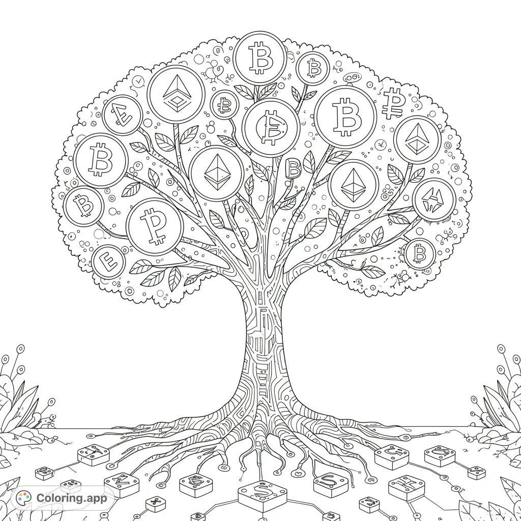 Explore a unique cryptocurrency tree coloring page, featuring Bitcoin and Ethereum coins as leaves, a circuit-patterned trunk, and network roots.