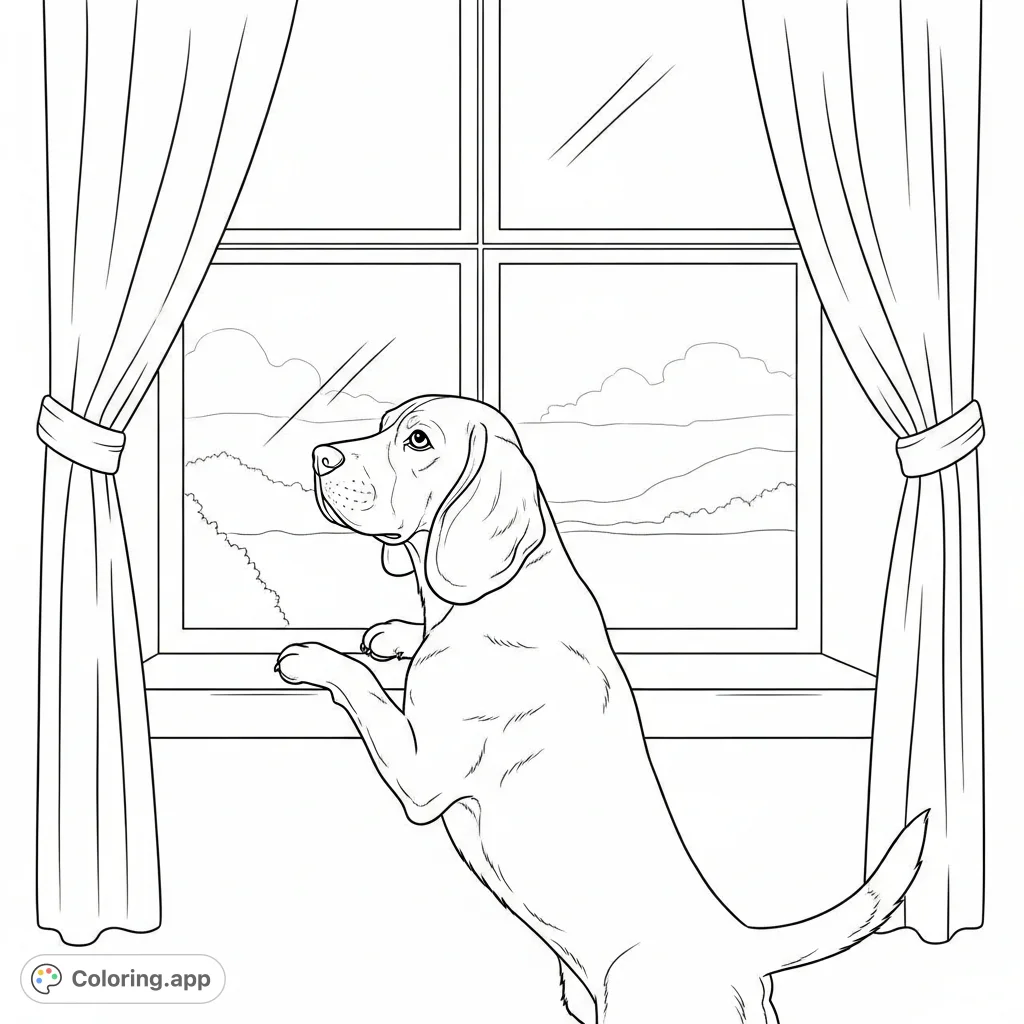 A charming coloring page featuring a beagle leaning on a windowsill, gazing outside, with simple curtains framing the view, perfect for animal lovers.
