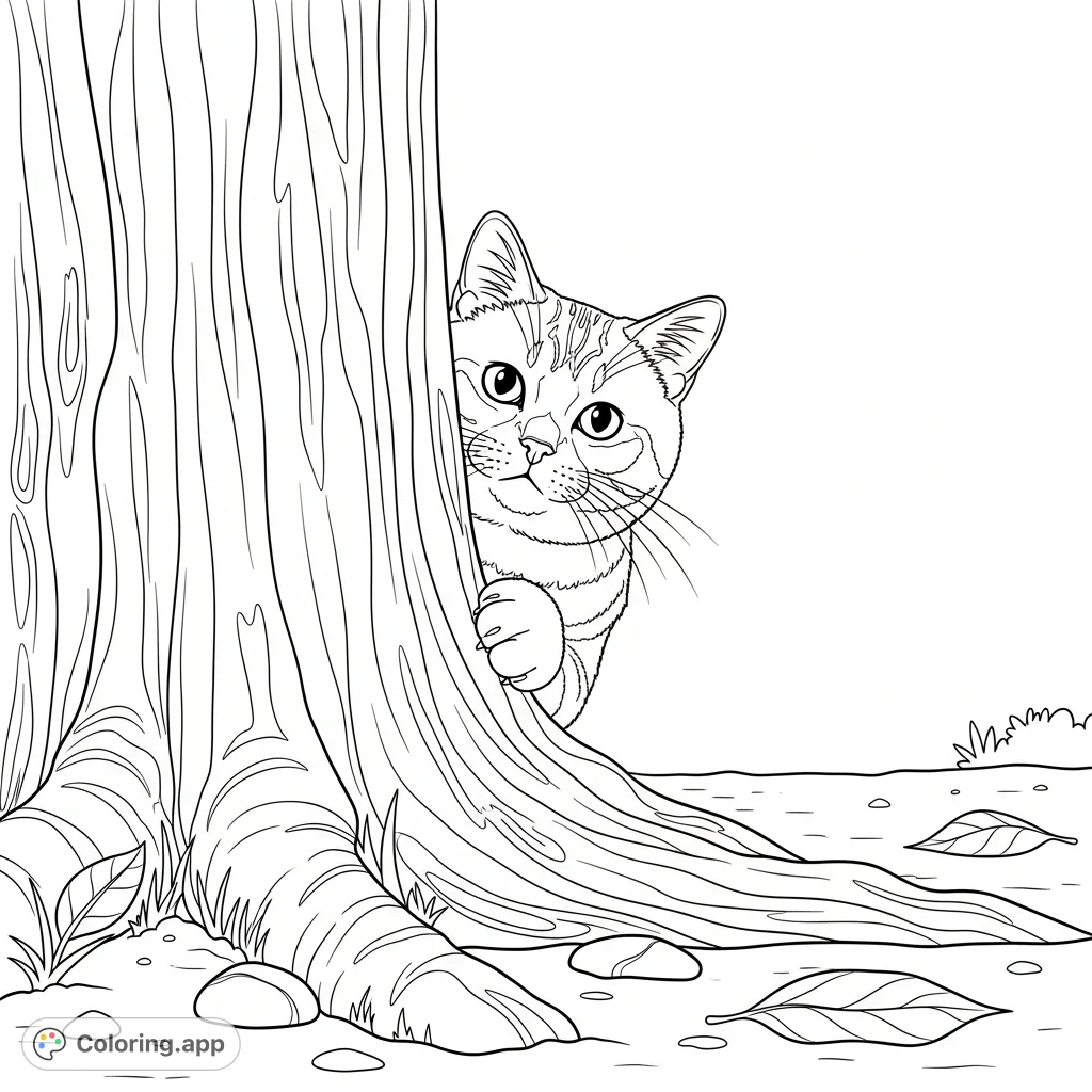 A charming British Shorthair peeks from behind a broad tree trunk, its curious eyes observing. Minimal forest floor details offer a peaceful setting.