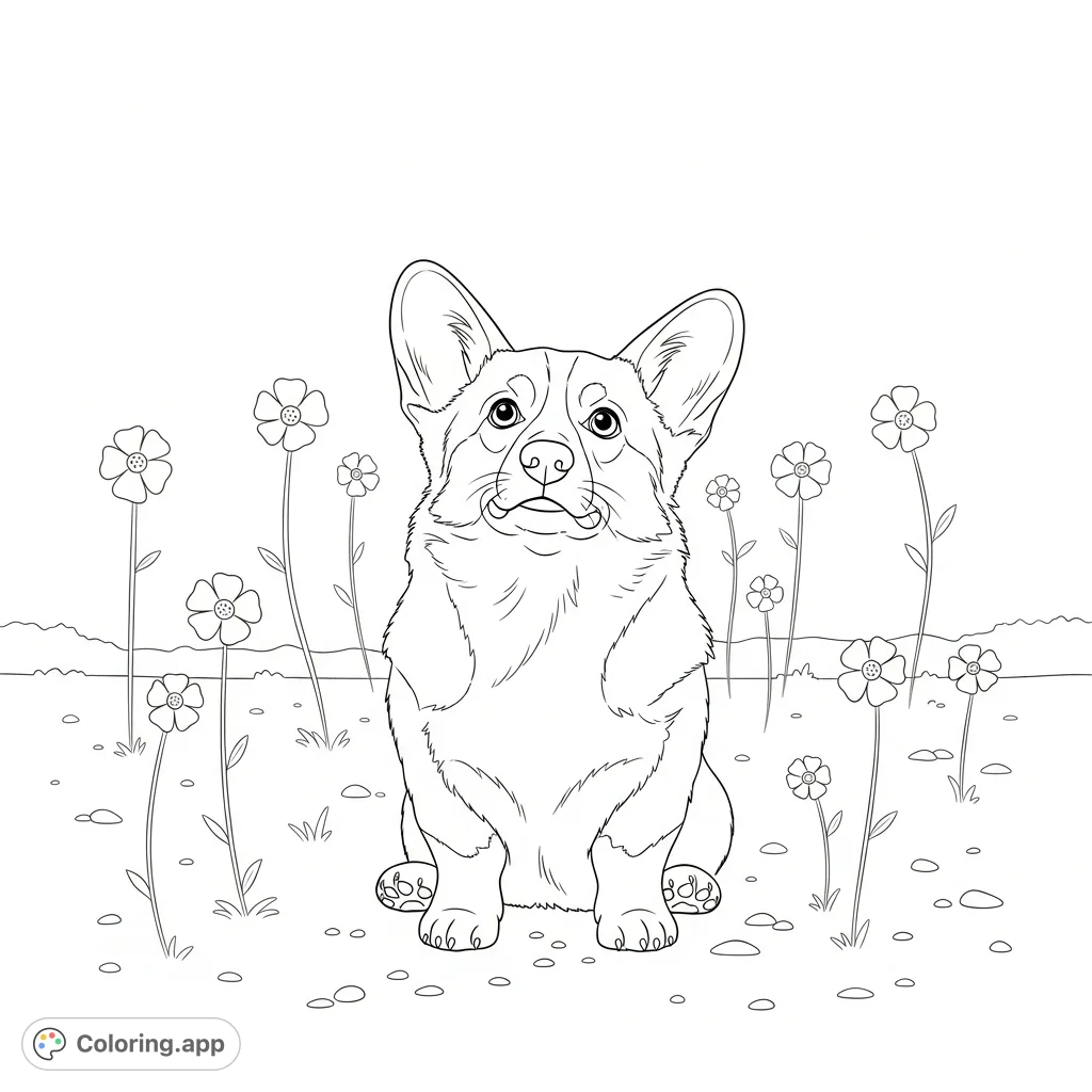 A delightful coloring page featuring a curious corgi surrounded by simple flowers, perfect for all ages and skill levels, offering relaxing creative fun.
