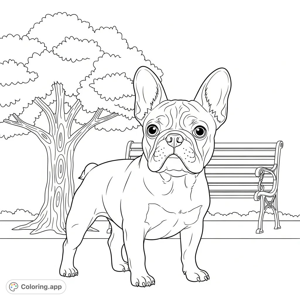 A charming French bulldog, head tilted curiously, waits patiently by a classic park bench with a large tree behind, ready for a playful coloring adventure.