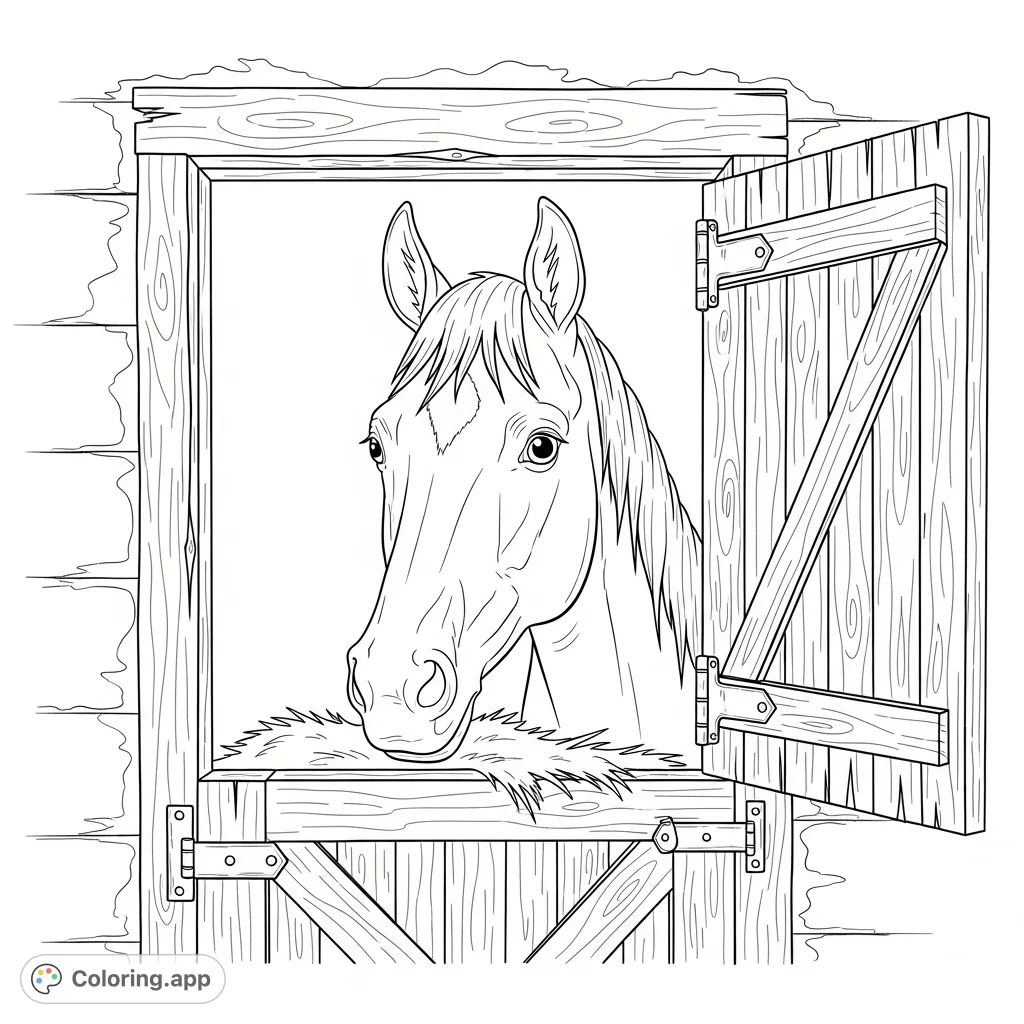 A charming coloring page featuring a horse peeking inquisitively from a rustic barn door, ready for your creative touch. Perfect for farm animal lovers.