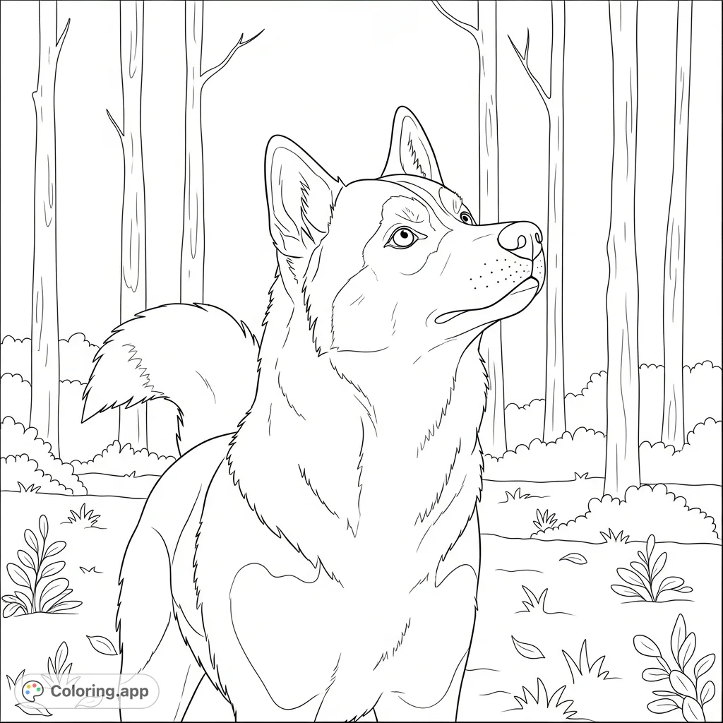 A charming husky tilts its head with a curious gaze amidst a tranquil forest backdrop, perfect for an engaging coloring experience.