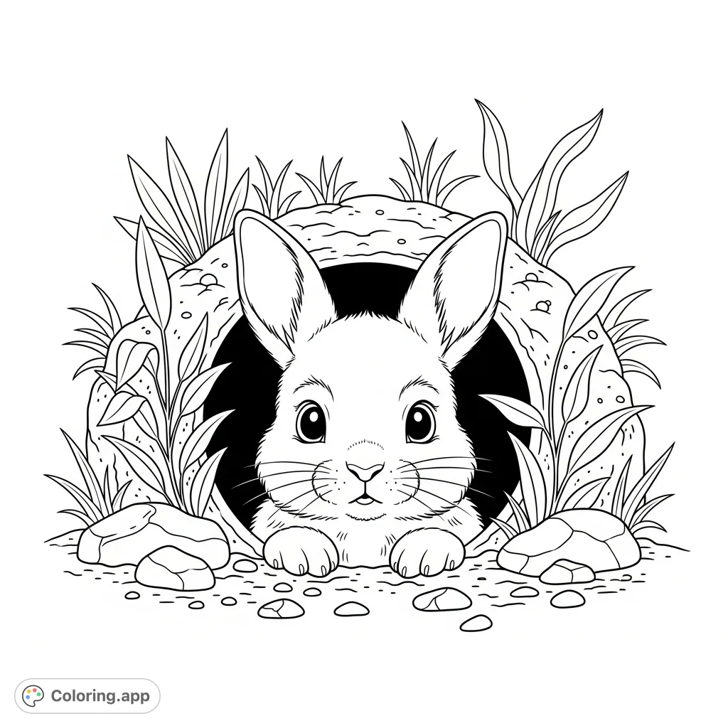 A fluffy rabbit kitten peeks cautiously from its burrow, framed by natural foliage and rocks. A charming scene for all ages to color.