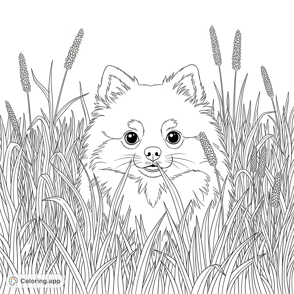 A fluffy Pomeranian dog, peeking inquisitively through a field of dense, tall grass, its ears perked and eyes wide with curiosity. A delightful nature scene.