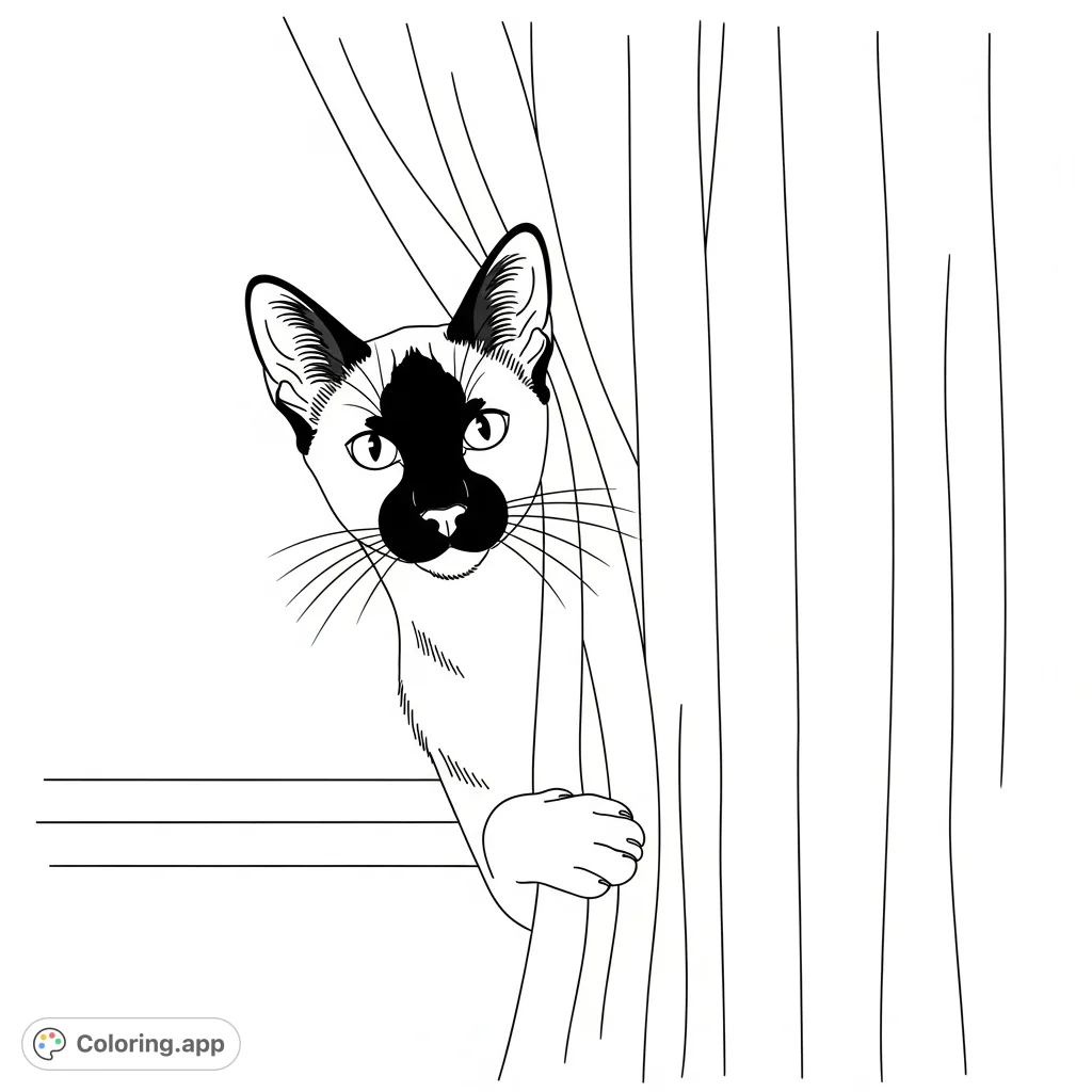 A charming Siamese cat peeks from behind a softly draped curtain, its distinctive features inviting a delightful coloring experience. Perfect for cat lovers.