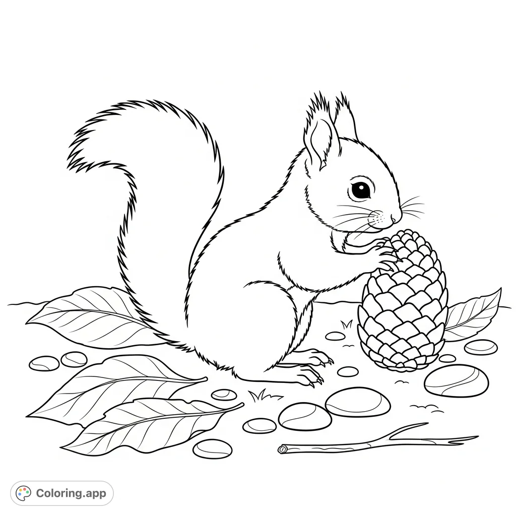 An adorable squirrel kit stands on a simplified forest floor, curiously sniffing a textured pinecone, surrounded by scattered leaves and smooth stones.