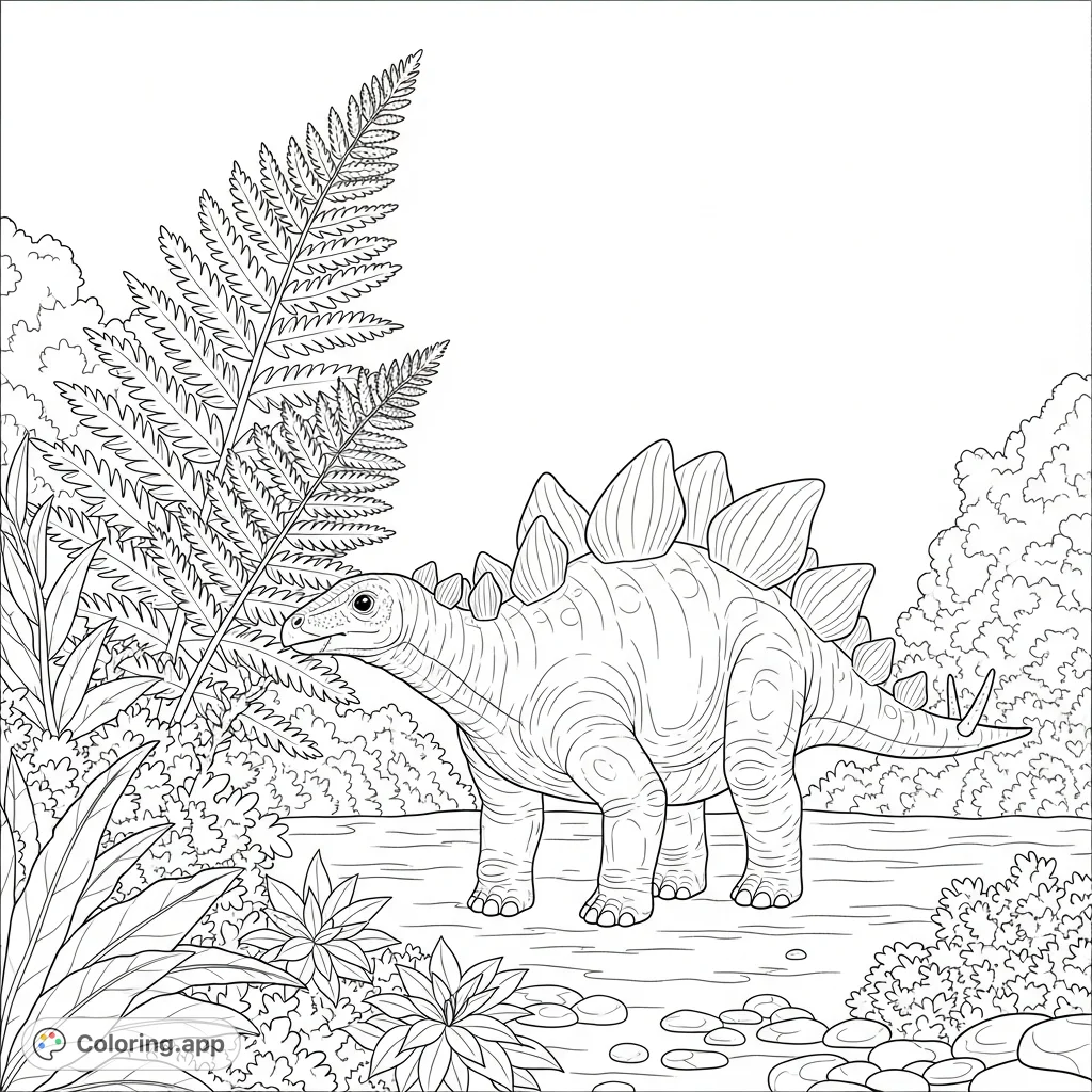 A charming coloring page featuring a young stegosaurus with rounded plates, gently sniffing a large fern amidst a detailed prehistoric landscape.