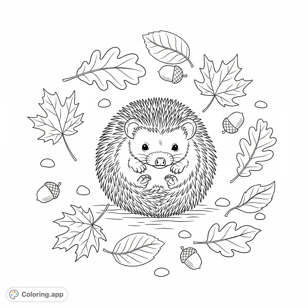 A sweet baby hedgehog curled into a tight ball, nestled amidst a scattering of detailed autumn leaves and tiny forest elements on the woodland floor.