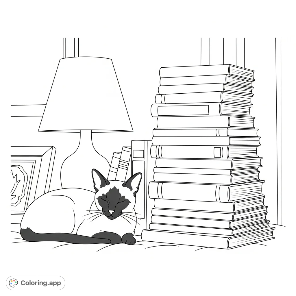 A charming scene featuring a slender Siamese cat curled peacefully beside a tall stack of books, with an elegant lamp silhouette providing a cozy backdrop.