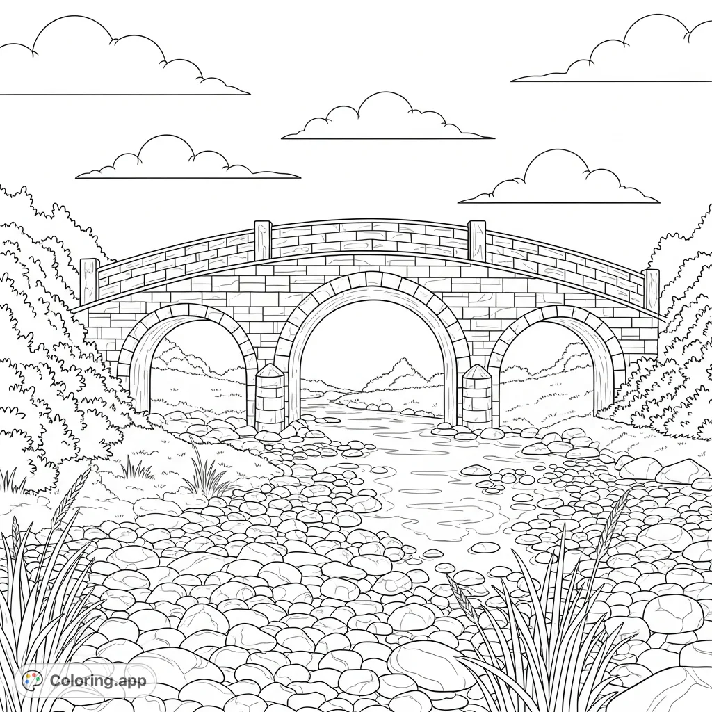 A charming coloring page depicting a curved stone bridge with three arches spanning a serene, shallow stream filled with smooth river rocks and lush bank foliage.
