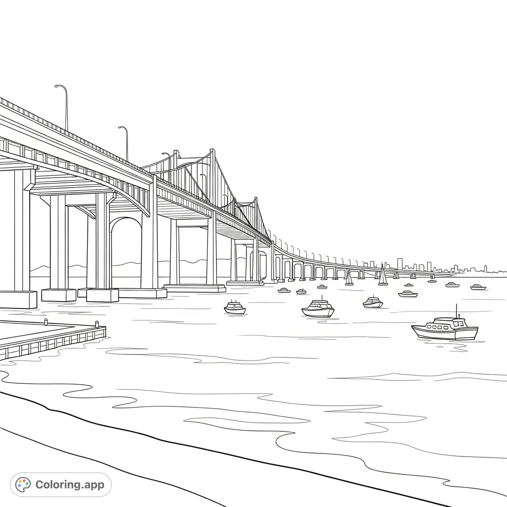 Color a sweeping urban bridge gracefully curving over a serene bay, featuring detailed architecture, rippling water, and charming outline boats.