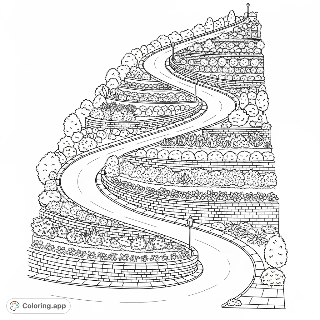 A winding street descends a hill, flanked by beautifully structured terraced gardens with varied foliage and stone walls. An inviting urban landscape.