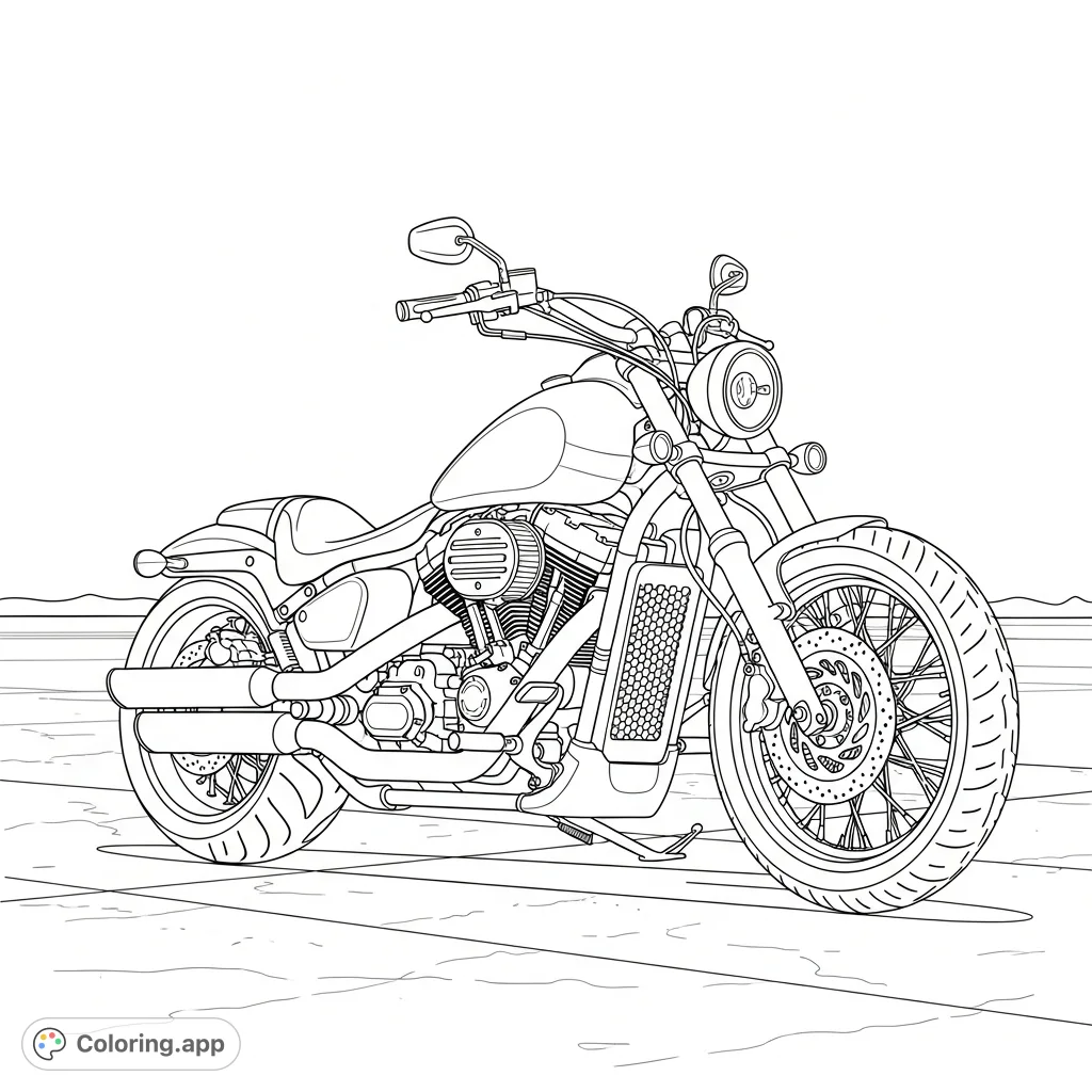 Color a detailed customized cruiser motorcycle featuring large exhaust pipes, a low seat, intricate engine, and spoked wheels, parked on concrete.